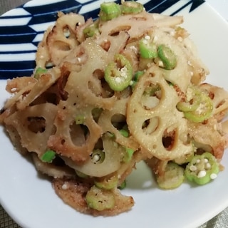 蓮根とおくらの明太子炒め